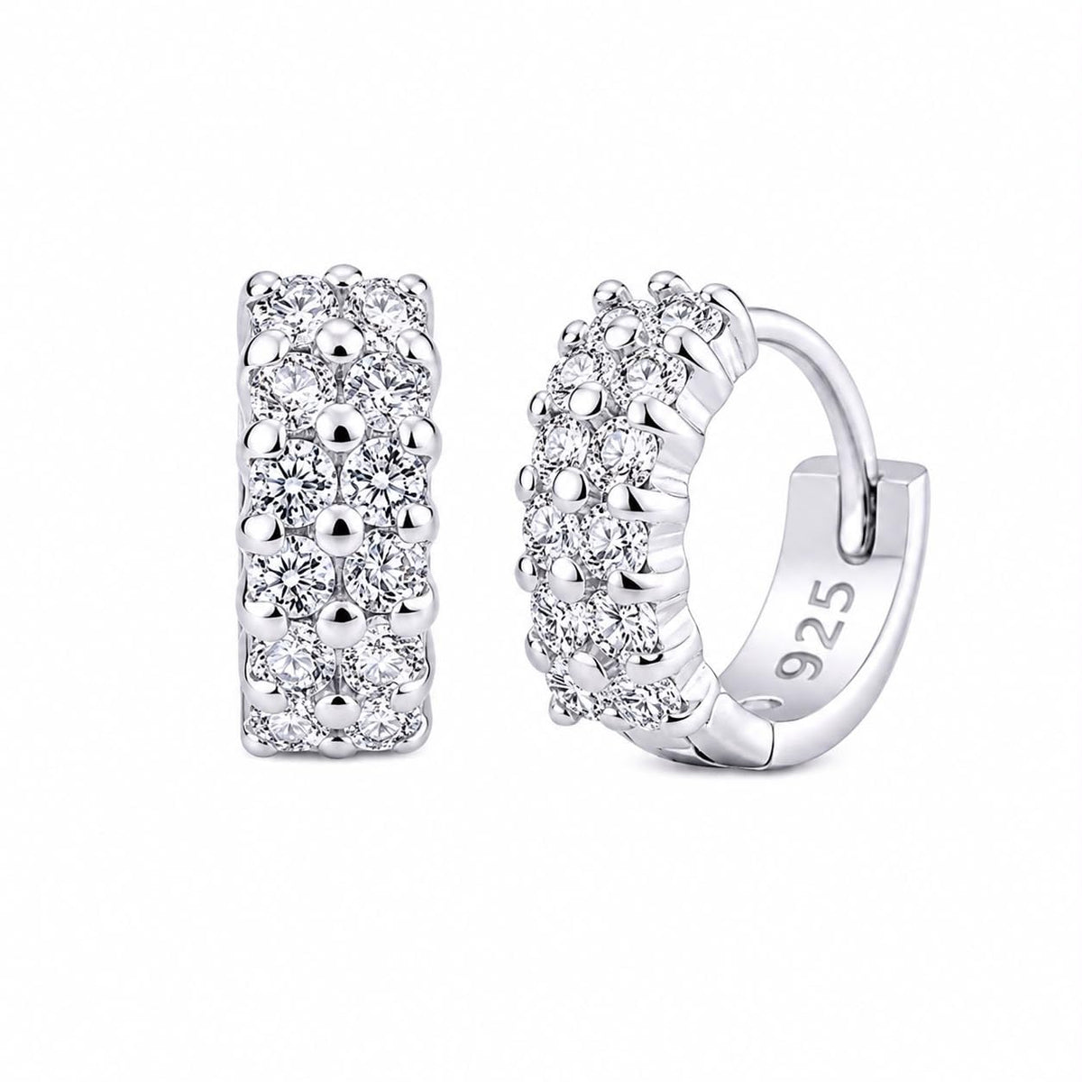 925 Sterling Silver Huggie Hoop Earrings for Women, Sparkling CZ Double Row Small Hoops, Elegant Lightweight Jewelry, Gift Pouch Included