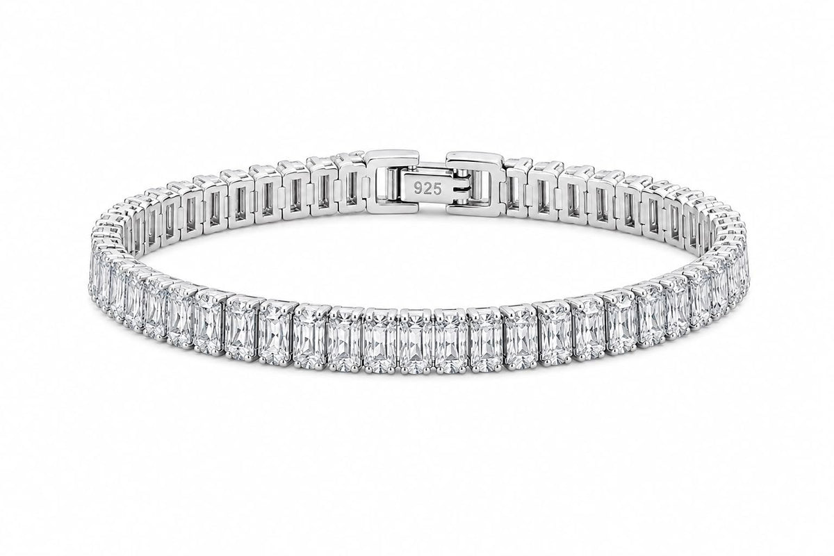 925 Sterling Silver Tennis Bracelet with Clear Rectangular Stones