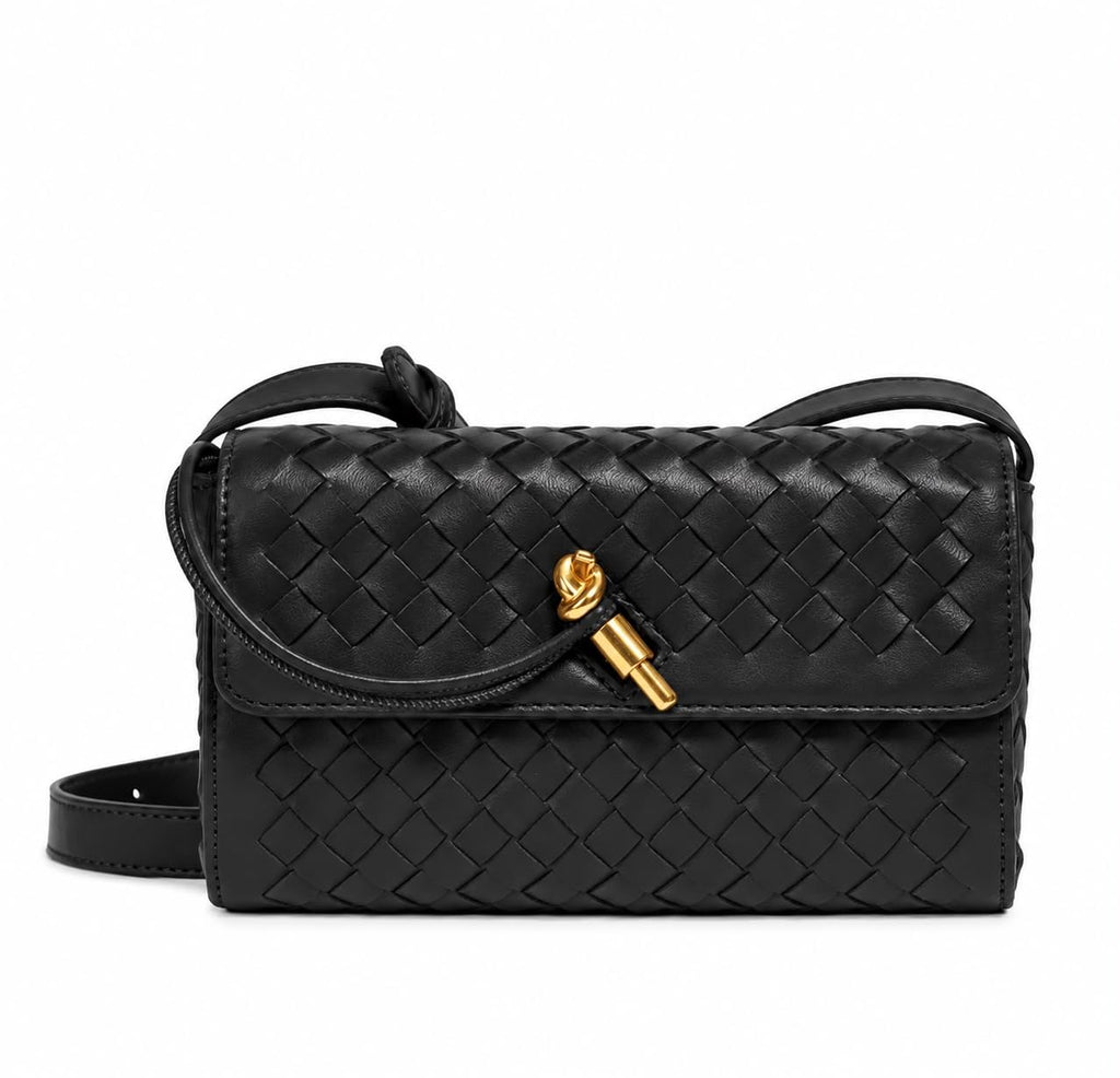 Woven Leather Crossbody Bag with Gold-Tone Knot Closure