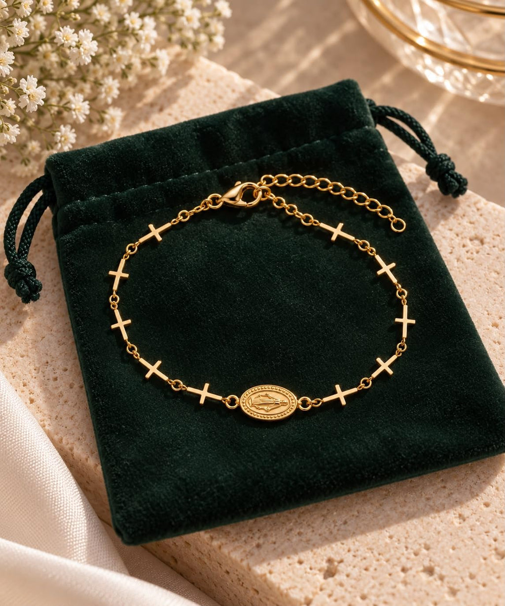 Stainless Steel Religious Bracelet with Virgin Mary medal & croses ; 18k Gold Plated, adjustable for women and men, faith jewelry gift