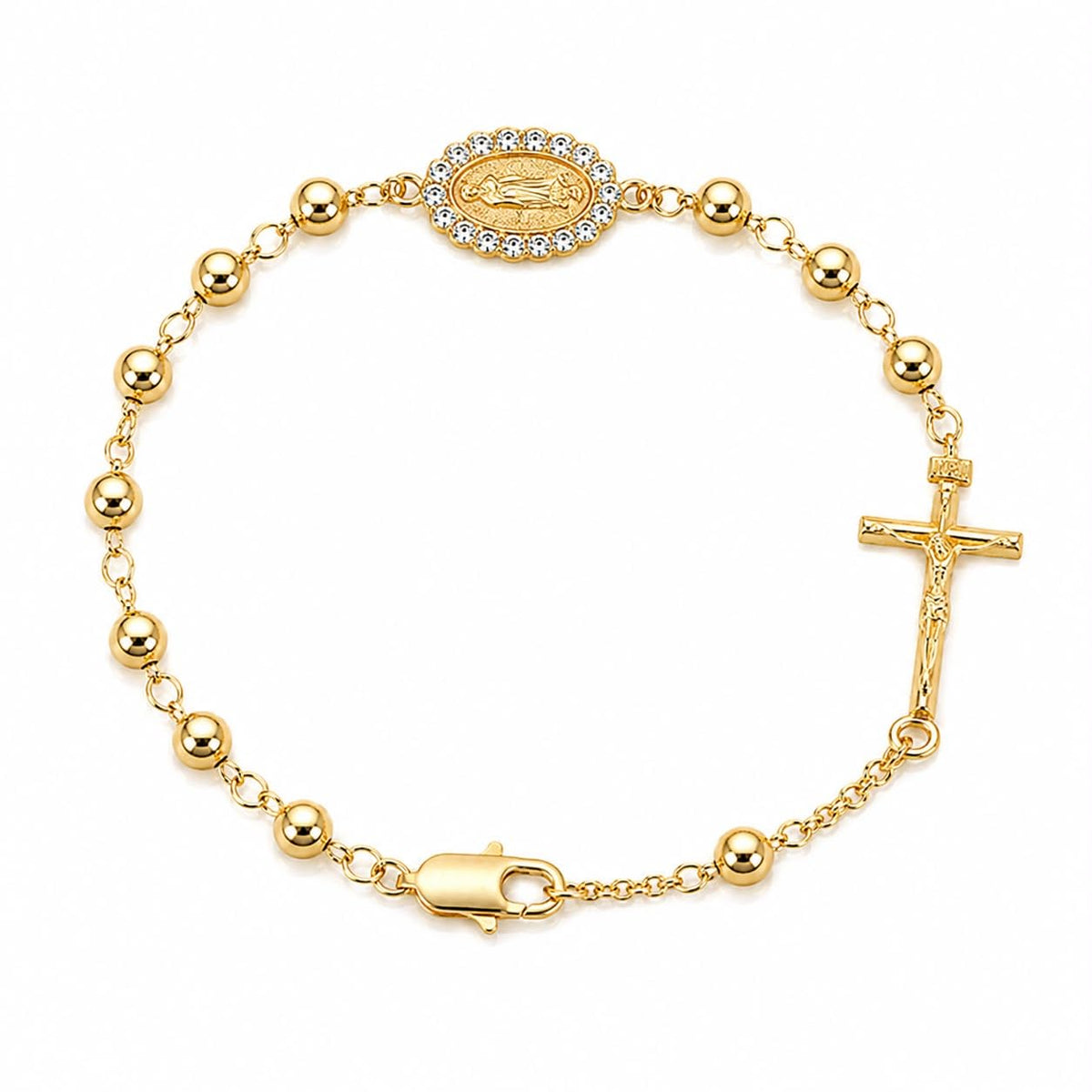 Gold-Plated Rosary Bracelet with Virgin Mary Medal and Crucifix