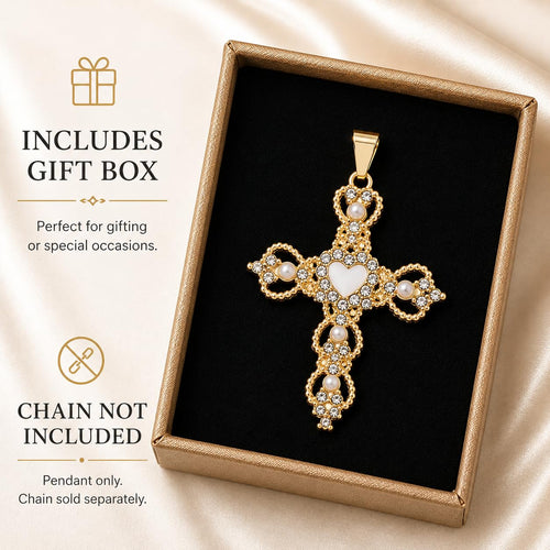 14K Gold-Plated Cross Pendant for Women – Stainless Steel Religious Charm with Pearl & Cubic Zirconia Accents – Elegant Christian Jewelry